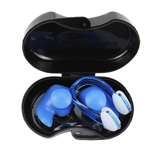 Swimming Ear Plug and Nose Clip, Silicone Ear, Waterproof Ear Nose Protector with Storage Box for Kids Beginners Blue