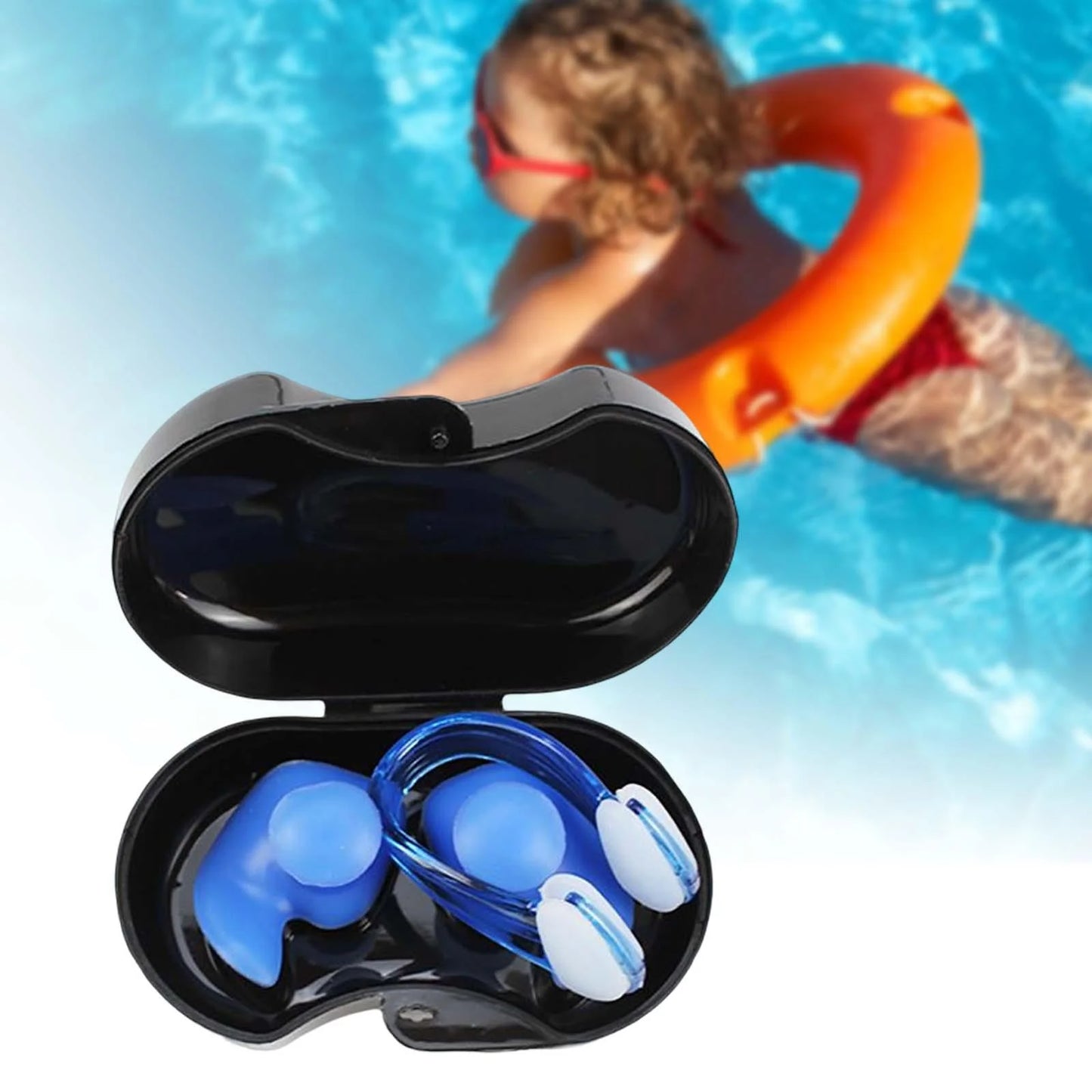 Swimming Ear Plug and Nose Clip, Silicone Ear, Waterproof Ear Nose Protector with Storage Box for Kids Beginners Blue