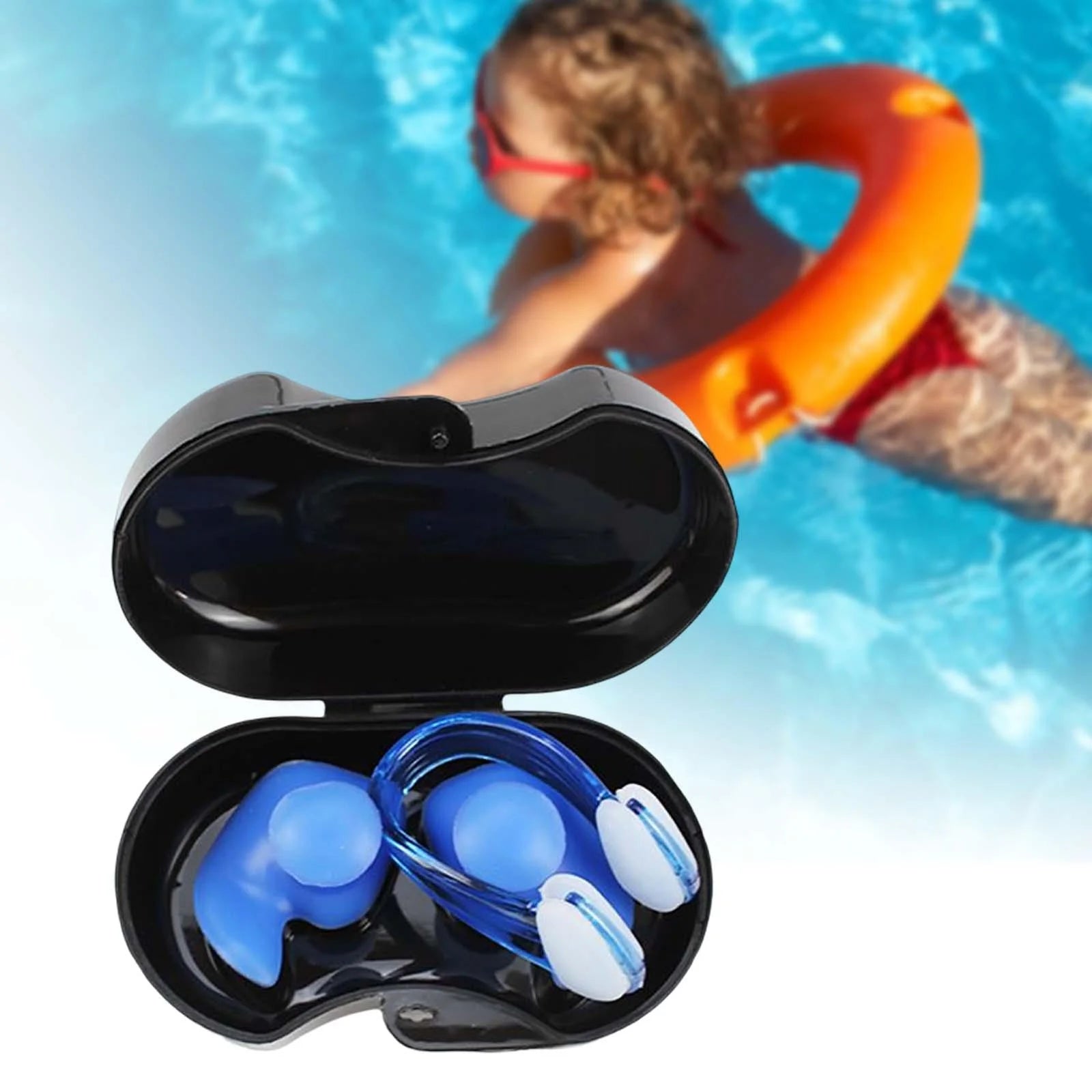 Swimming Ear Plug and Nose Clip, Silicone Ear, Waterproof Ear Nose Protector with Storage Box for Kids Beginners Blue