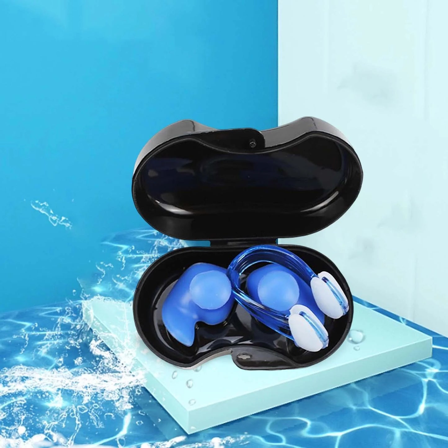 Swimming Ear Plug and Nose Clip, Silicone Ear, Waterproof Ear Nose Protector with Storage Box for Kids Beginners Blue