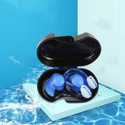 Swimming Ear Plug and Nose Clip, Silicone Ear, Waterproof Ear Nose Protector with Storage Box for Kids Beginners Blue