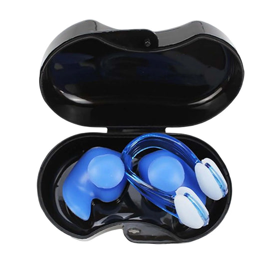 Swimming Ear Plug and Nose Clip, Silicone Ear, Waterproof Ear Nose Protector with Storage Box for Kids Beginners Blue